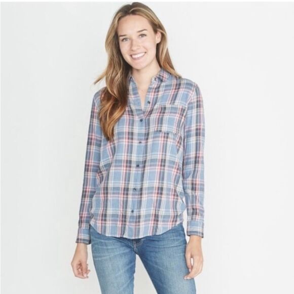 Marine Layer Marigold Cotton Rayon Blend Blue Plaid Button Down Blouse XS - Picture 1 of 8